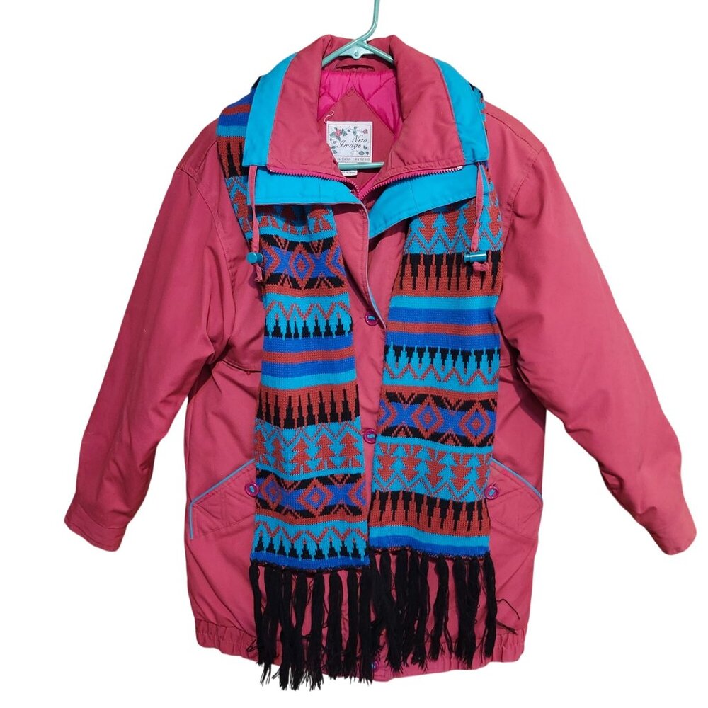 Vintage New Image Women's Small Pink & Teal Winter Ski Jacket Scarf Set Quilted
